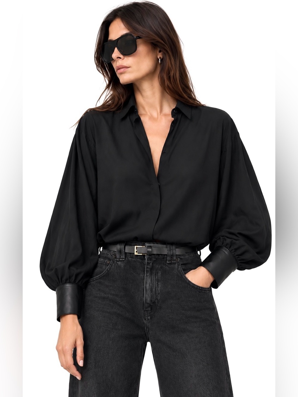 NWOT Cuyana Black Silk Shirt Removable Leather Cuffs Size S